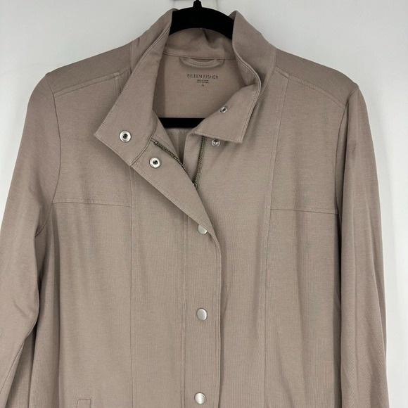 Eileen Fisher Stand‎ Collar Zip/Snap Long Organic Cotton Jacket Taupe Tan Medium - Picture 3 of 11